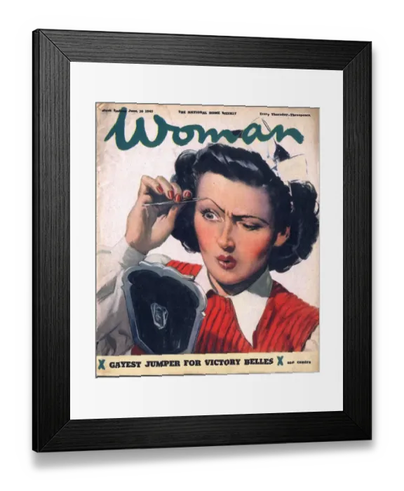 Framed Print : 1945 1940s UK woman make-up makeup plucking eyebrows tweezers magazines