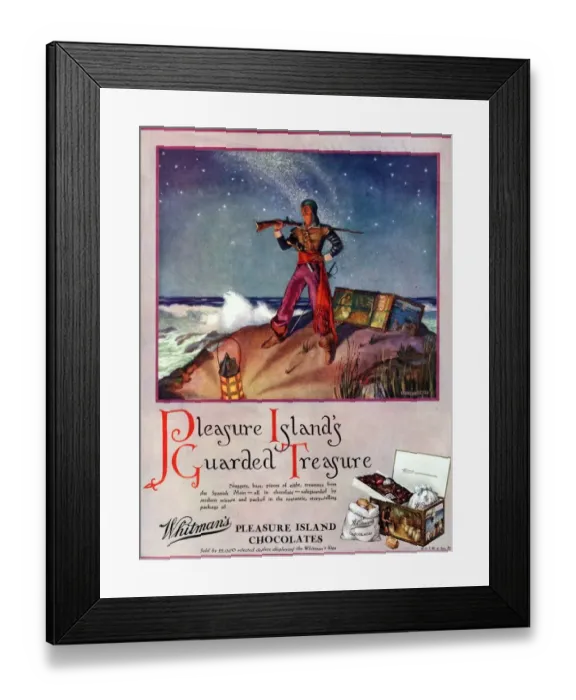 Framed Print : Whitmans 1940s UK pirates chocolate desert island pleasure treasure chests sweets