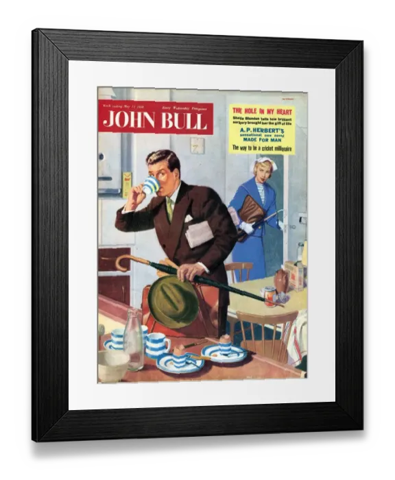 Framed Print : John Bull 1950s UK tea commuters breakfast magazines commuting to work family