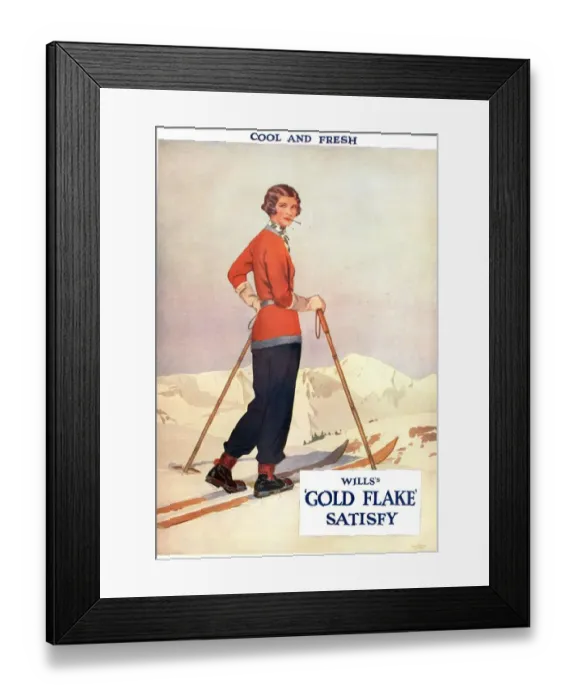 Framed Print : Wills 1930s USA gold flake skiing cigarettes smoking skiing