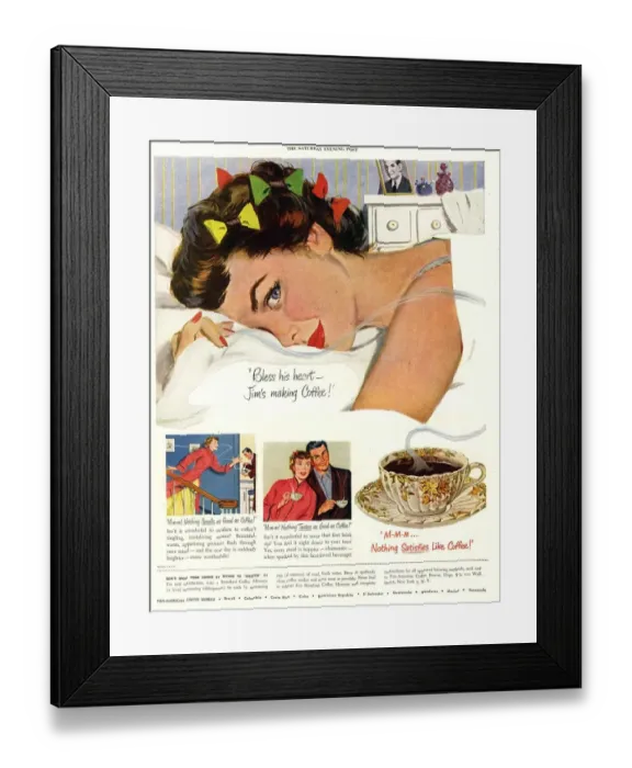 Framed Print : 1950s USA sleep sleeping coffee smell aroma wak breakfast in bed expression