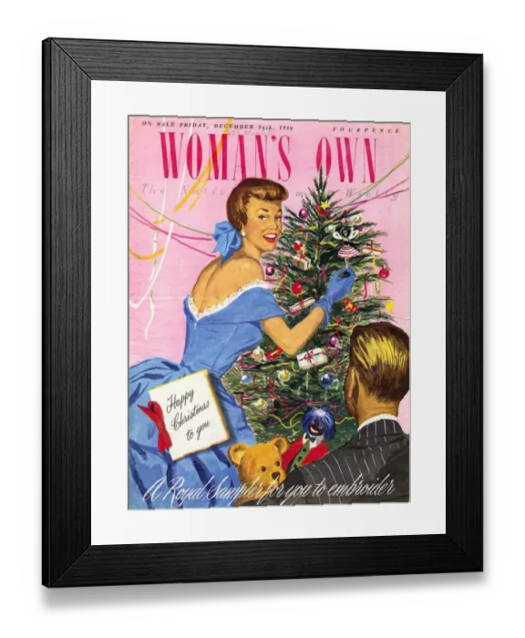 Framed Print : Womans Own 1940s UK trees decorations angels teddy bears golliwogs presents