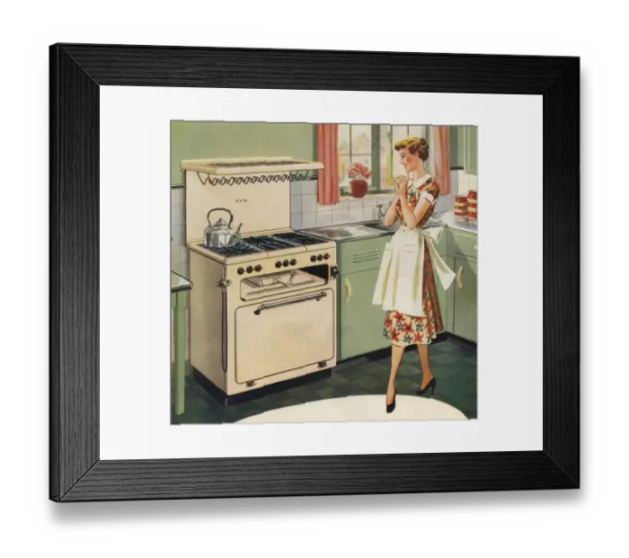 Framed Print : De La Rue 1951 1950s UK cookers housewife houswives kitchens women woman interiors Framed Print : De La Rue 1951 1950s UK cookers housewife houswives kitchens women woman interiors
