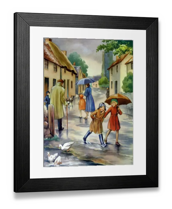 Framed Print : Infant School Illustrations 1950s UK raining umbrellas Enid Blyton winter weather Framed Print : Infant School Illustrations 1950s UK raining umbrellas Enid Blyton winter weather