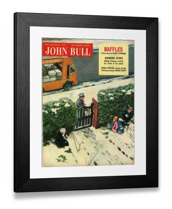 Framed Print : John Bull 1950s UK milkman snow snowballs disasters naughty milkmen winter magazines Framed Print : John Bull 1950s UK milkman snow snowballs disasters naughty milkmen winter magazines