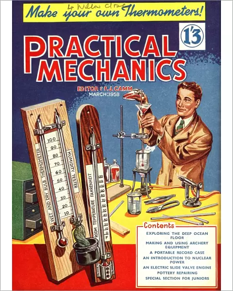 Practical Mechanics 1950s UK chemistry sets thermometers chemicals bunson burners