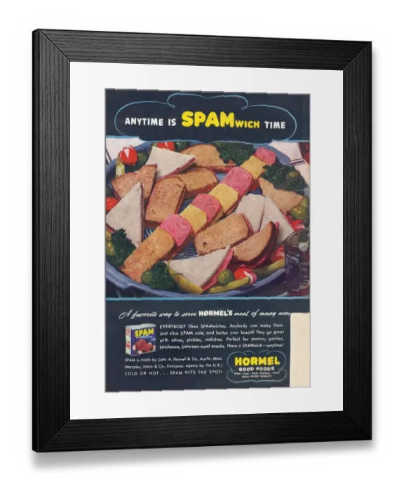 Framed Print : Spam 1950s USA Hormel meat tinned disgusting food canned cans Framed Print : Spam 1950s USA Hormel meat tinned disgusting food canned cans
