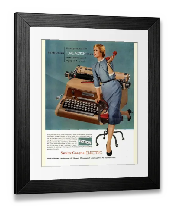 Framed Print : Smith-Corona 1950s USA mcitnt equipment typewriters secretaries secretary Framed Print : Smith-Corona 1950s USA mcitnt equipment typewriters secretaries secretary
