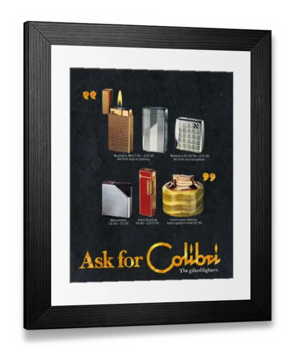 Framed Print : Colibri 1970s UK lighters