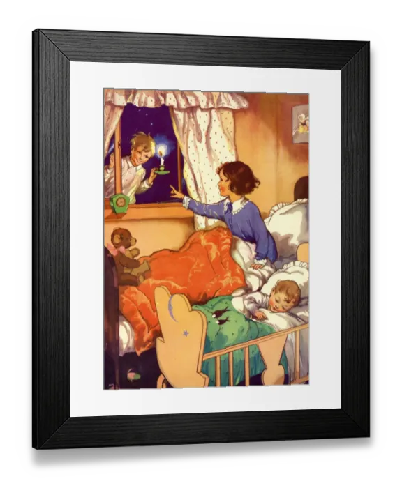 Framed Print : Infant School Illustrations 1950s UK Wee Willie Winkie sleeping bedtime nursery rhymes