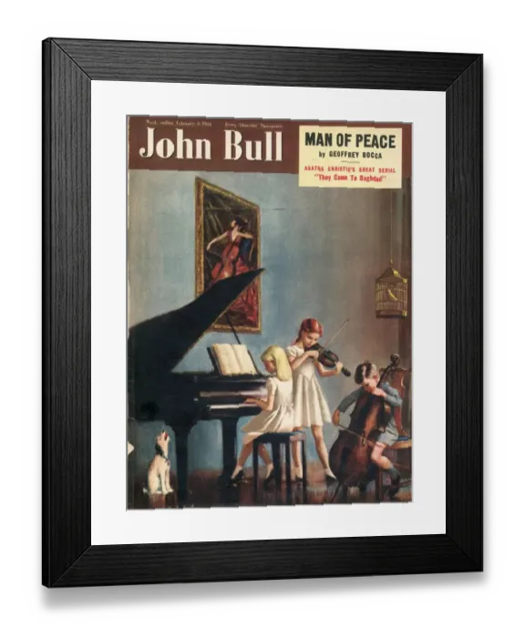 Framed Print : John Bull 1951 1950s UK magazines pianos instruments playing cellos violins dogs