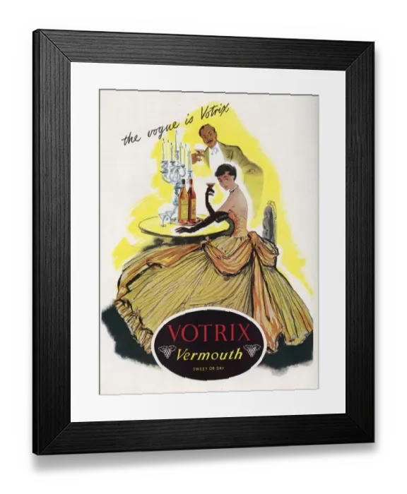 Framed Print : Votrix Vermouth 1951 1950s UK alcohol dresses womens Framed Print : Votrix Vermouth 1951 1950s UK alcohol dresses womens