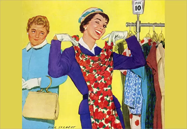 Trying on dresses 1950s UK woman shopping womens dresses