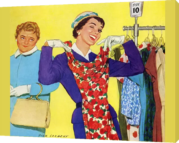 Trying on dresses 1950s UK woman shopping womens dresses