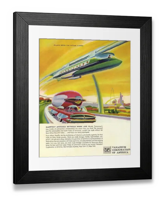 Framed Print : Vanadium Corporation of America 1950s USA mcitnt visions of the future cars monorail
