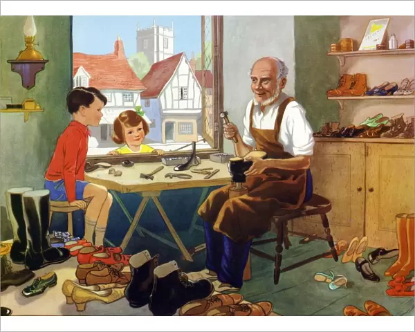 Infant School Illustrations 1950s UK cobblers shoes repairing repairs mending shoemakers
