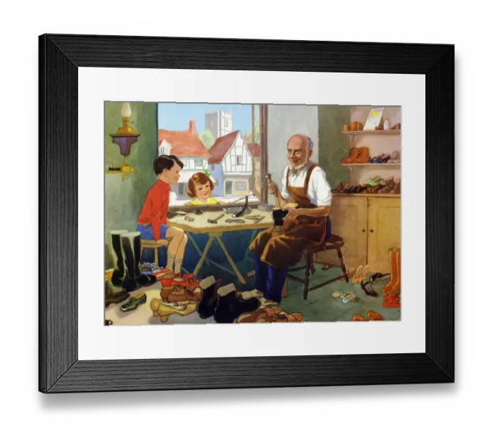 Framed Print : Infant School Illustrations 1950s UK cobblers shoes repairing repairs mending shoemakers Framed Print : Infant School Illustrations 1950s UK cobblers shoes repairing repairs mending shoemakers
