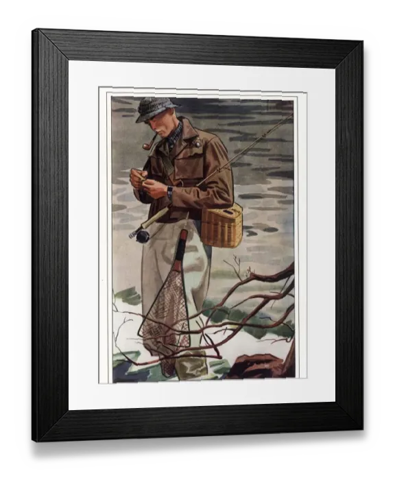 Framed Print : 1930s USA fishing smoking pipes cigarettes smoking