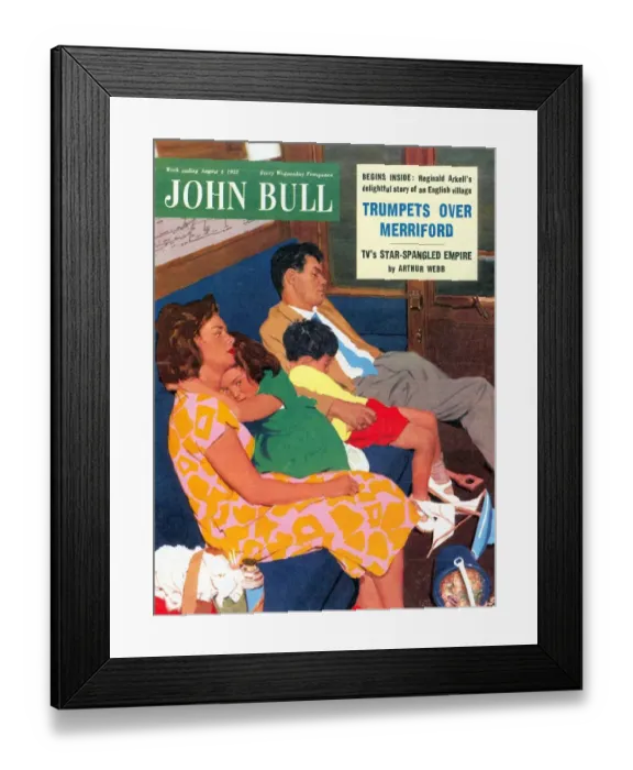Framed Print : John Bull 1950s UK holidays trains day trips sleep tired exhausted returning magazines