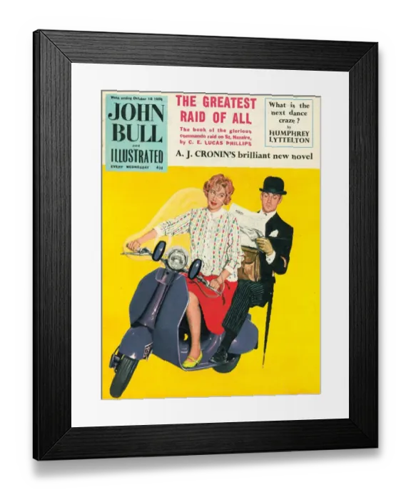 Framed Print : John Bull 1958 1950s UK scooters city gents bowler hats commuters magazines commuting