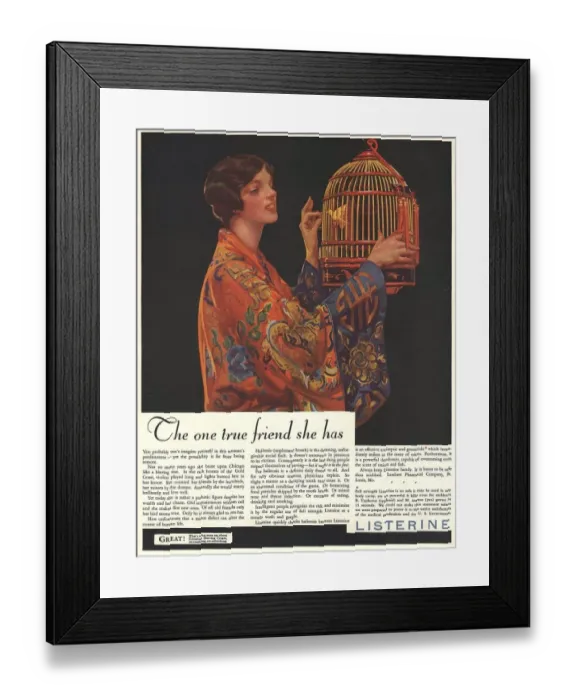 Framed Print : Listerine 1920s USA bad breath fresheners humour bird cage cages mouthwash Framed Print : Listerine 1920s USA bad breath fresheners humour bird cage cages mouthwash