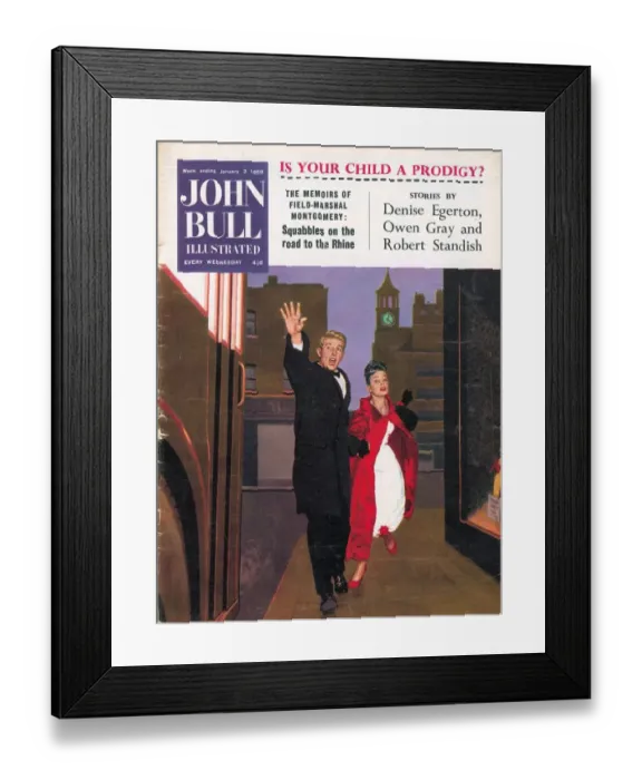 Framed Print : John Bull 1950s UK love evening-dress last bus home buses routemasters magazines