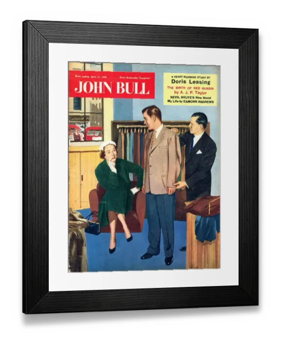 Framed Print : John Bull 1950s UK trying on fittings shopping magazines clothing clothes Framed Print : John Bull 1950s UK trying on fittings shopping magazines clothing clothes