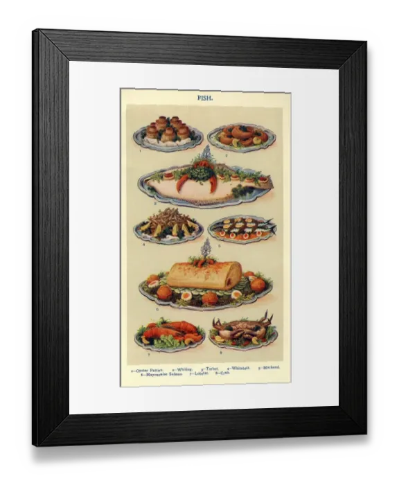 Framed Print : Fish 1900s UK Isabella Beeton Mrs Beetons Book of Household Management cooking Framed Print : Fish 1900s UK Isabella Beeton Mrs Beetons Book of Household Management cooking