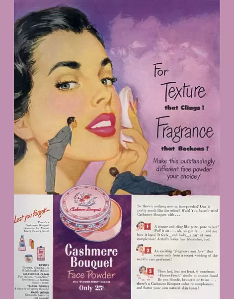 Cashmere Bouquet 1950 1950s USA makeup make-up face powder puffs applying