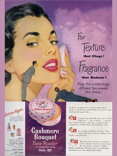 Cashmere Bouquet 1950 1950s USA makeup make-up face powder puffs applying
