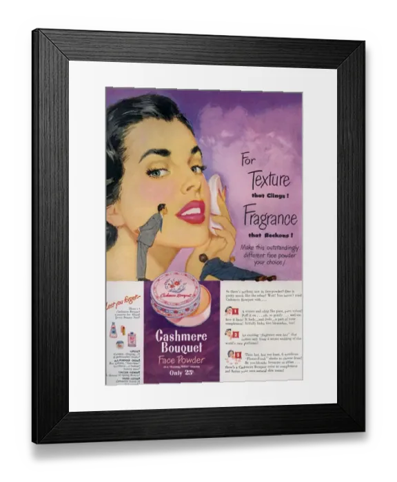 Framed Print : Cashmere Bouquet 1950 1950s USA makeup make-up face powder puffs applying Framed Print : Cashmere Bouquet 1950 1950s USA makeup make-up face powder puffs applying