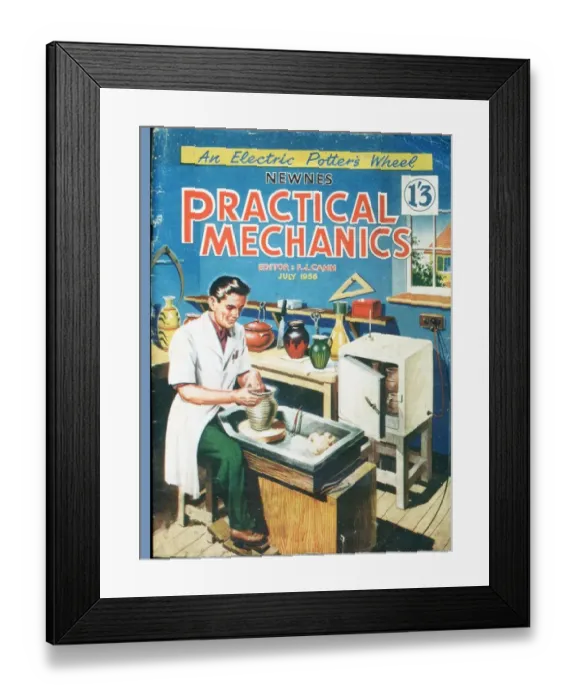 Framed Print : Practical Mechanics 1950s UK art potters wheel sculptures magazines