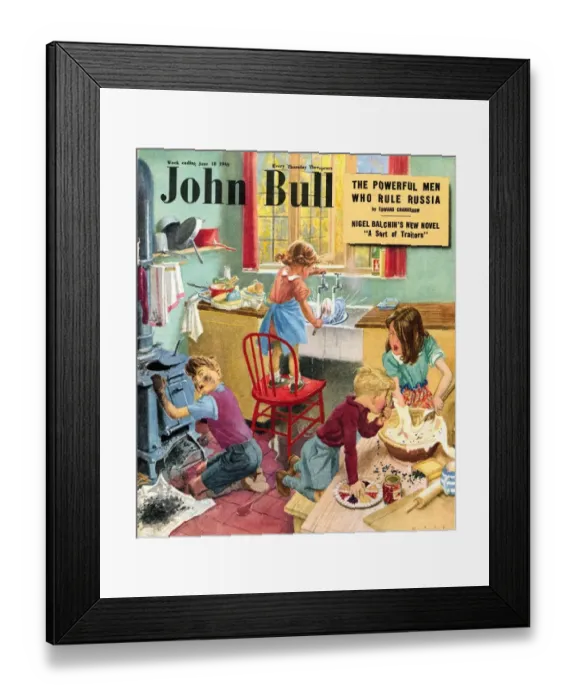 Framed Print : John Bull 1949 1940s UK kitchens disasters cooking siblings magazines Framed Print : John Bull 1949 1940s UK kitchens disasters cooking siblings magazines