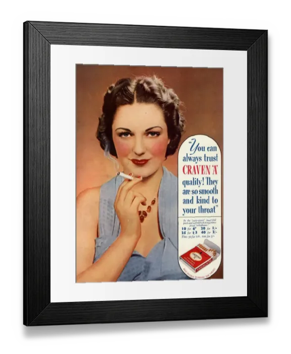 Framed Print : Craven A 1930s UK cigarettes smoking Framed Print : Craven A 1930s UK cigarettes smoking