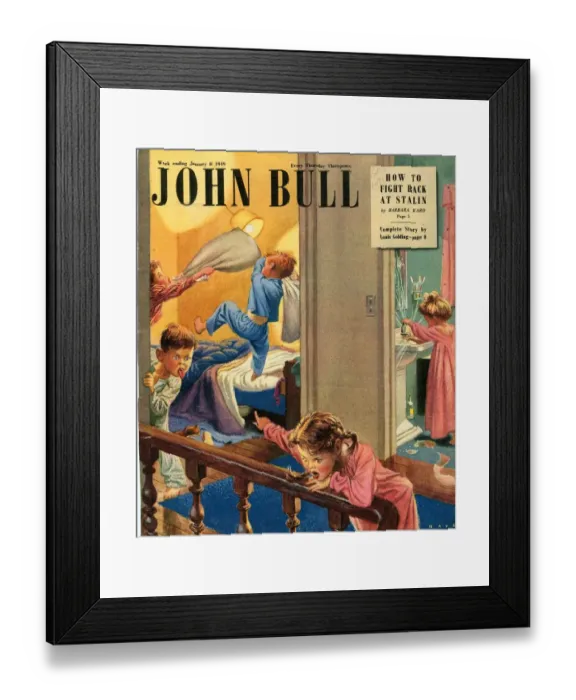 Framed Print : John Bull 1949 1940s UK fighting bedtime disasters pillow fights games siblings magazines
