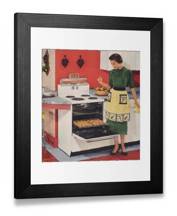 Framed Print : General Electric 1950s USA ovens cookers housewives kitchens cooking woman