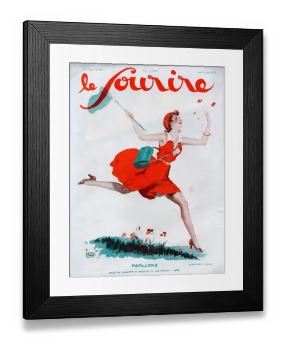 Framed Print : Le Sourire 1930 1930s France magazines catching butterflies illustrations