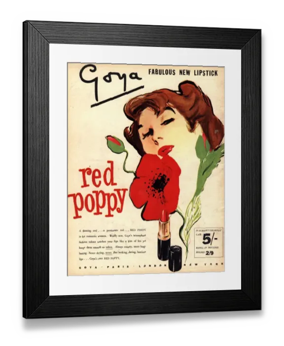 Framed Print : 1950s UK goya lipsticks lipstick make-up makeup flowers poppies red poppy to for Framed Print : 1950s UK goya lipsticks lipstick make-up makeup flowers poppies red poppy to for