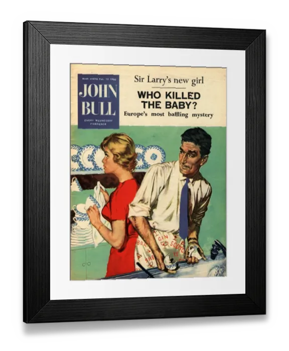 Framed Print : John Bull 1960s UK disasters breaking washing up dishes magazines man men aprons Framed Print : John Bull 1960s UK disasters breaking washing up dishes magazines man men aprons