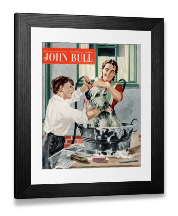 Framed Print : John Bull 1954 1950s UK dogs washing dirty magazines Framed Print : John Bull 1954 1950s UK dogs washing dirty magazines