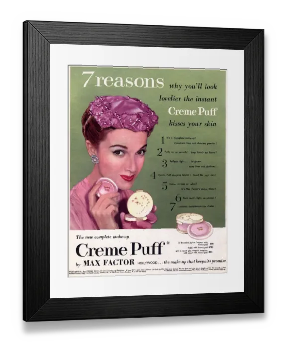 Framed Print : Max Factor 1950s UK creme puff foundation powder make-up makeup hats womens clothing Framed Print : Max Factor 1950s UK creme puff foundation powder make-up makeup hats womens clothing
