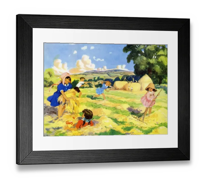 Framed Print : Infant School Illustrations 1950s UK playing harvesting harvesters making hay farming Framed Print : Infant School Illustrations 1950s UK playing harvesting harvesters making hay farming
