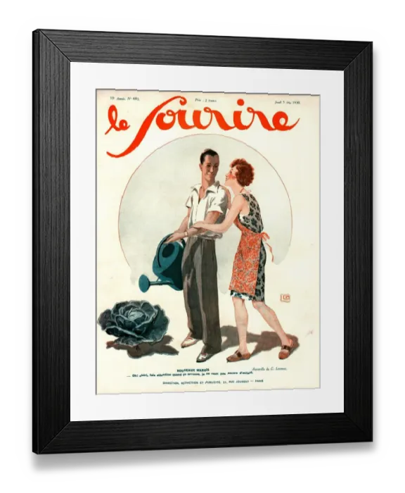 Framed Print : Le Sourire 1930 1930s France watering cans vegetables couples magazines horticulture Framed Print : Le Sourire 1930 1930s France watering cans vegetables couples magazines horticulture
