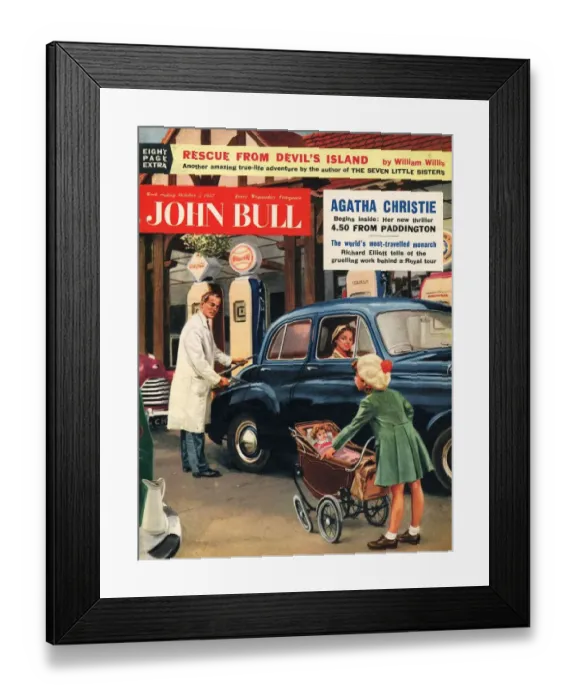 Framed Print : John Bull 1957 1950s UK petrol pumps, garages, gas, prams gasoline magazines cars