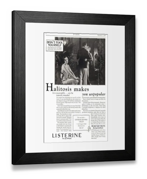 Framed Print : Listerine 1920s USA bad breath fear halitosis mouthwash gargle rescan Framed Print : Listerine 1920s USA bad breath fear halitosis mouthwash gargle rescan