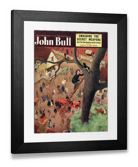 Framed Print : John Bull 1950s UK cats fireman firemen ladders danger heroes magazines pets