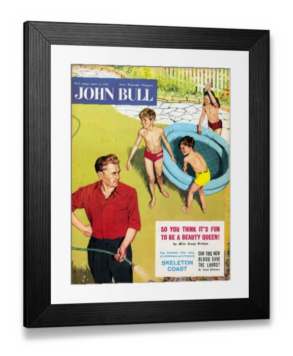 Framed Print : John Bull 1950s UK paddling pools hoses fathers playing water games magazines Framed Print : John Bull 1950s UK paddling pools hoses fathers playing water games magazines