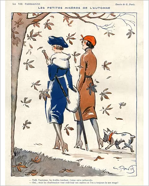 La Vie Parisienne 1919 1910s France Georges Pavis illustrations walking dogs Autumn