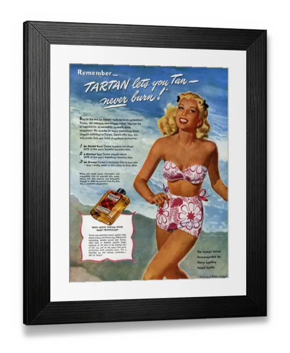 Framed Print : 1940s USA tartan lotions swim suits swimwear swimming creams costumes womens suntans Framed Print : 1940s USA tartan lotions swim suits swimwear swimming creams costumes womens suntans