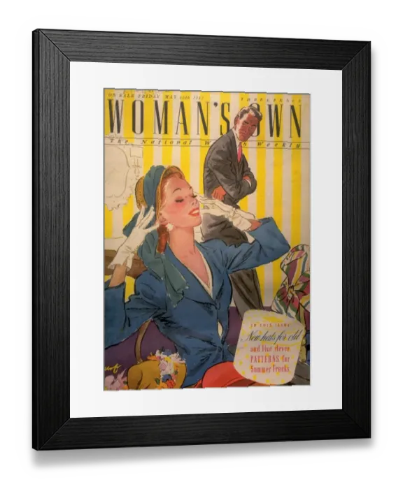 Framed Print : Womans Own 1947 1940s UK husbands and wives shopping womens hats covers magazines